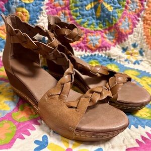 Antelope Brown Braided Leather Wedge Sandals